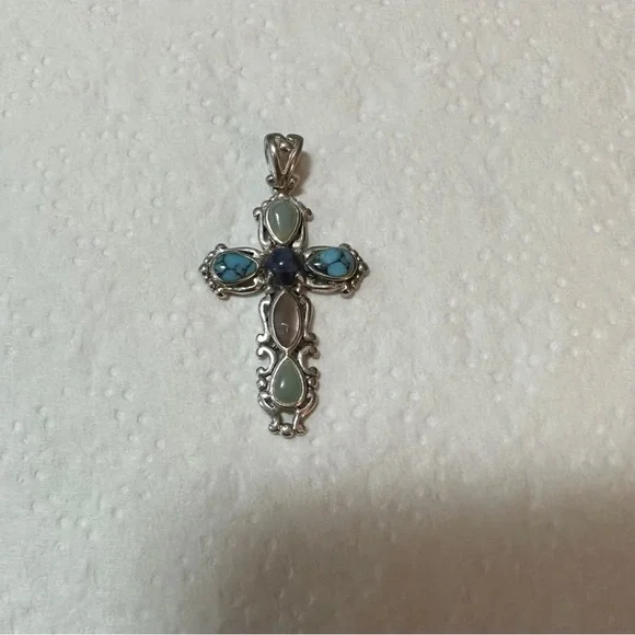 Vintage Sterling Silver Cross With Multicolored Gemstones 1.75 Inches Signed - Picture 2 of 8